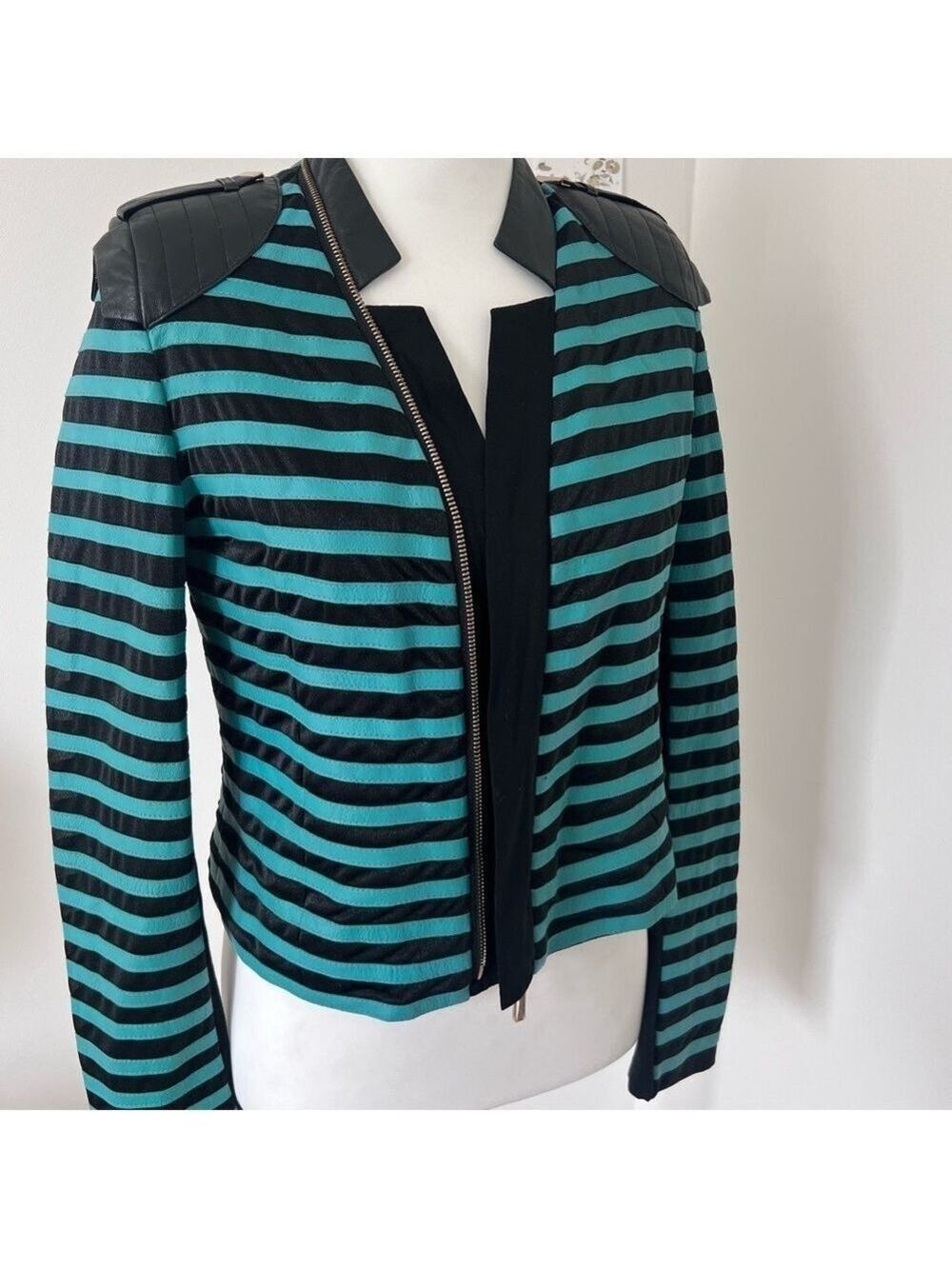 Vintage Striped Real Lamb Leather Moto Jacket Turquoise Teal Black Y2K Grunge S